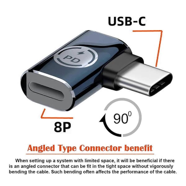 U2-058-LT017 Vinklet Design USB-C Han til 8Pin Hun Konverter 480Mbps Dataadapter til iPhone