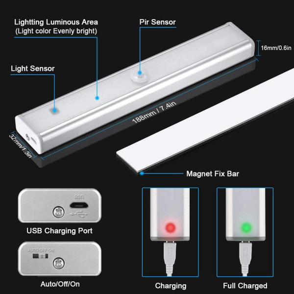 2 pakke 10 LED-lys, trådløs, oppladbar USB, magnetisk, bevegelsessensor, 2 lysmoduser, skaplys, - kjølig hvit