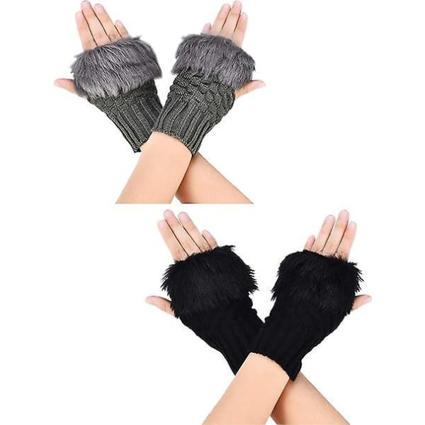 Sorte vinter-fingerløse handsker - sæt med 2 par, mørkegrå og sorte - vanter med kort touchskærm med hul til tommelfingeren, varme strikkede handsker med imiteret pels