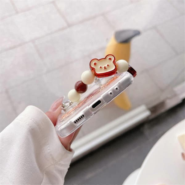 Transparent Case with Hand Strap Compatible with Samsung Galaxy Z Flip 4, Cute Bear Hard PC Protective Case