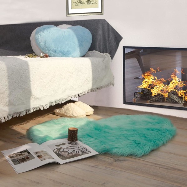 Blågrönt hjärtformad supermjukt fårskinnsmatta i fuskpäls, matta med shagområde, accentmatta för sovrum i vardagsrummet, 2x3ft plyschmatta
