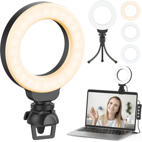 Justerbart LED-ringlys med stativ og klip - 4 tommer, perfekt til videokonference, selfies, livestreaming og makeup