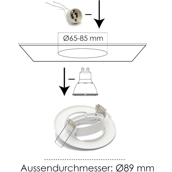10x GU10 forsænket spotlight sæt - 10 stk monteringsramme i hvid med GU-10 fatning til LED eller halogen lamper, 30° roterbar, rund