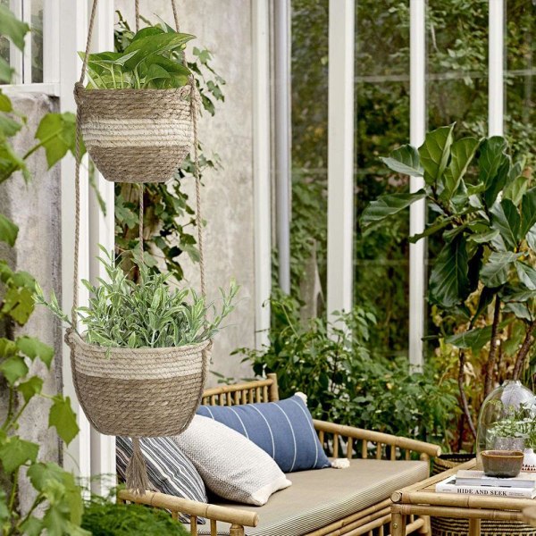 Hängande växtkorg, hängande planteringskorg inomhus utomhus, hängande planteringskorgar med krokar Växtbehållare, vävd korg med naturliga blommor och växter