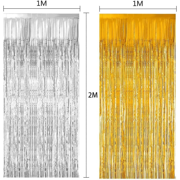 6-delt guld metallisk frynser gardinsæt - 1x2 m folie tinsel gardiner til fødselsdag, bryllup, festdekoration