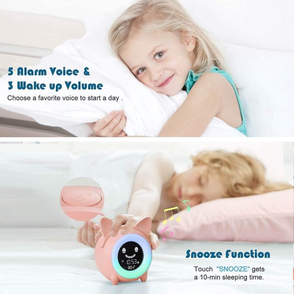 Dag-/nattvekkerklokke for barn med 5 farger nattlys skrivebordslampe og romtemperaturdisplay (EU-plugg)