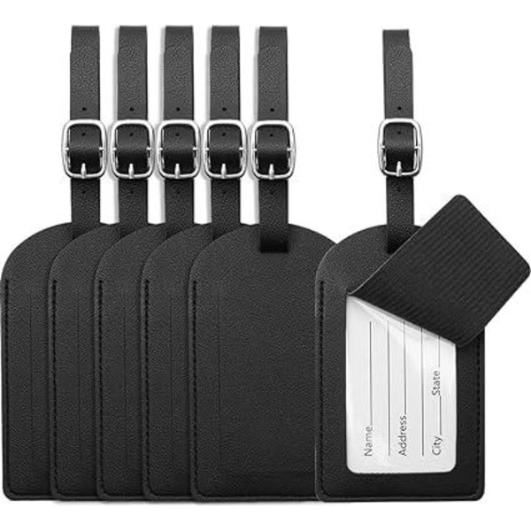6-pack flip-bagageetiketter (svart), läderbagageetiketter, bagageetiketter, handväskeetiketter, integritetsskydd