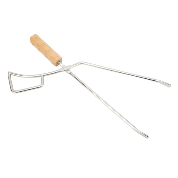 Bålpinsett i rustfritt stål, kraftig, lang, bred og tykk, med bøkehåndtak, for grill og peis