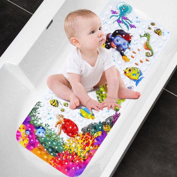 Sklisikker badematte, 100 x 40 cm tegneserie babybadematte, sklisikre badematte med 200 sugekopper PVC-materiale, perfekt badematte for barn og skilpaddebabyen