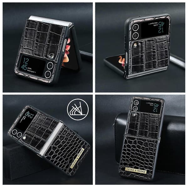 Crocodile Pattern Case Compatible with Samsung Galaxy Z Flip 4, PU Leather + Shockproof Hard PC Frame Protection