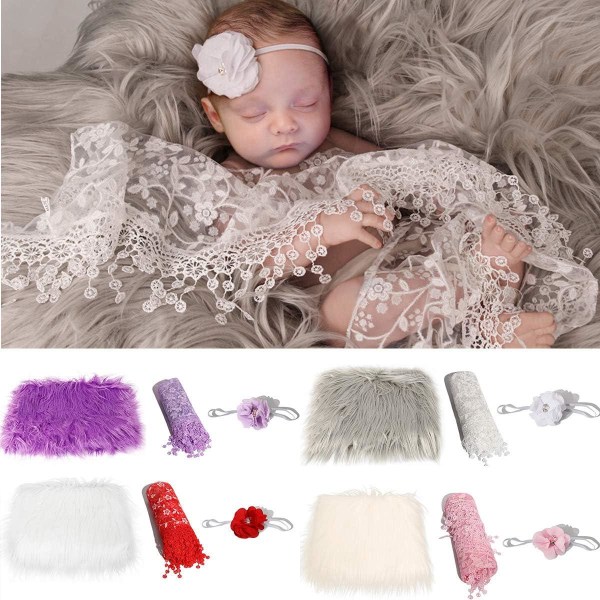 Baby rekvisita 3 st ljusgrå + vit baby fluffig filt + nyfödd wrap + blomma pannband set pojkar flickor DIY fotografi outfits