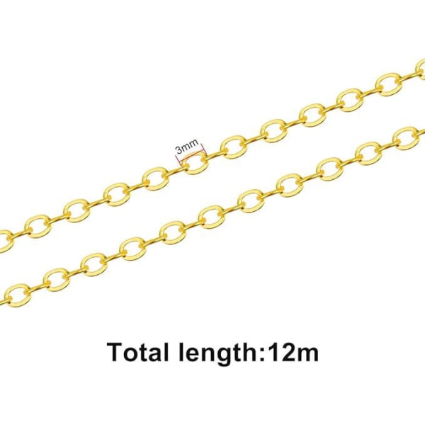 12 m kæde Bijoux Creation 2*3 mm halskæde i rustfrit stål med 100 springringe og 30 hummerlåse til smykkefremstilling, sølv og guld (guld)