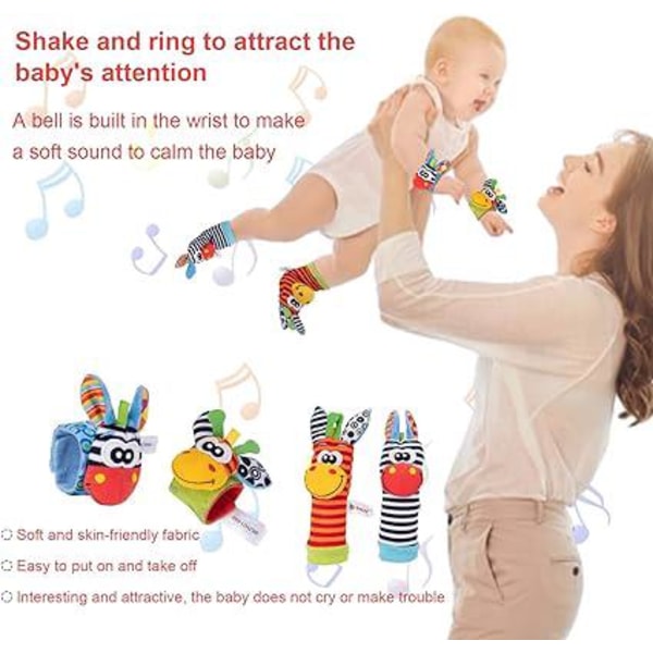 Håndleddssokk med rangle Baby Activity Toy Plysj Montessori Education for 0-6 måneder (2 stk håndledd og 2 stk sokker)