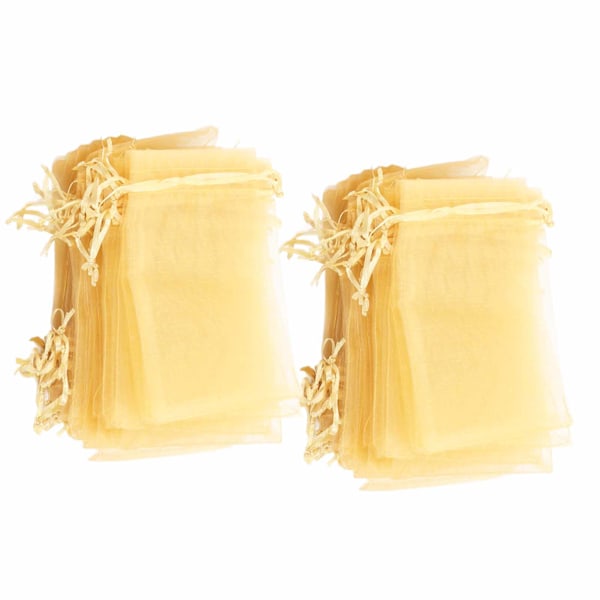 100 st Organzapåsar 10x15cm Transparenta Dragskopåsar Presentpåsar Mesh Portabla Smyckespåsar Dragsko för Bröllop Guld