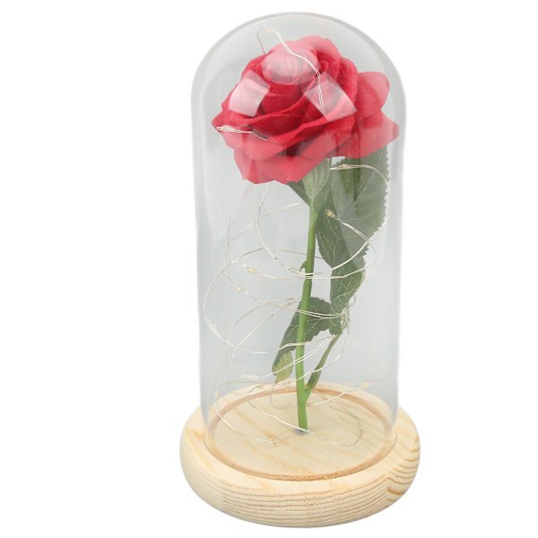 Ros i Glaskupa Lyckobringande Vacker Symbolism Romantisk Förtryllande Ros Romantiska Presenter med LED-Ljus för Alla Hjärtans Dag Grönt Blad Safflor