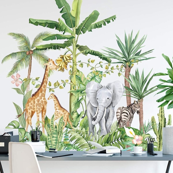 Sarjakuva Trooppisen sademetsän eläinten seinätarrat - Irrotettavat vihreät kasvit leijonakirahvielefanttitarrat - tee-se-itse-seinäkoristeet - ikkunoiden koristeet