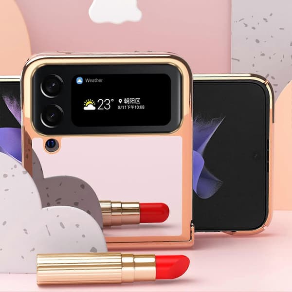 Plating Frame Case Compatible With Samsung Galaxy Z Flip 4, Hard PC Mirror Makeup Cover With Hinge Protection
