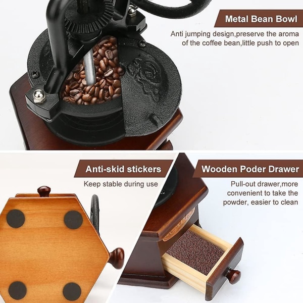 Justerbar vintage manuell kaffekvarn med keramisk burr och uppsamlingslåda för fransk press och droppkaffe