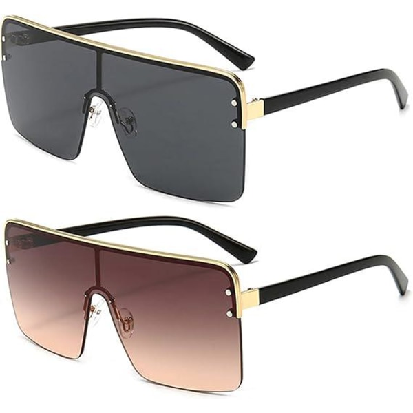 En pakke med 2 stilfulde solbriller (sortgrå med guldramme + jordgul med guldramme) til mænd og kvinder med overdimensionerede firkantede UV400-briller