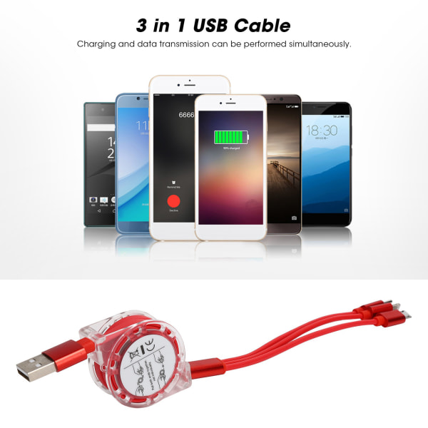 Uttrekkbar 3-i-1 nylonflettet USB-laderkabel for iOS/Type C/Mikroport (rød)