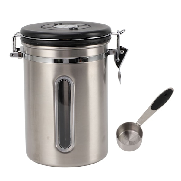Kaffebeholder 1800ml 304 Rustfrit Stål Vindue Design En Vejs Udluftning med Ske Airtight Kaffebeholder til Kaffebønner Rustfrit Stål Farve