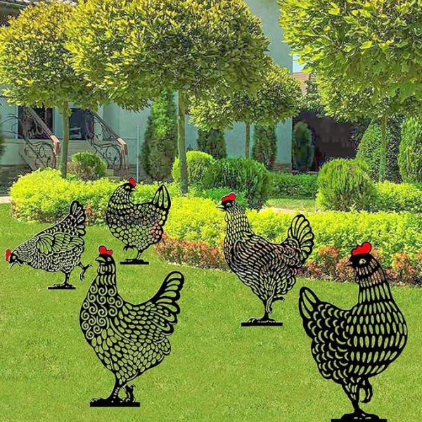 5 st Trädgårdskycklingdekoration, Realistisk höna, kycklinggårdskonst, ihålig akrylsimulering Trädgårdsdekorativt svart kycklingkort, utomhusgräsmattasprydnader
