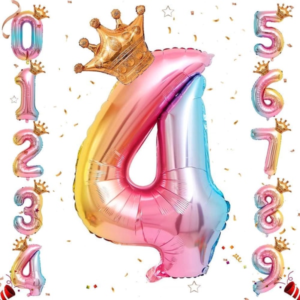 Numeroheliumfolioilmapallo, 32 tuuman sateenkaarinumeroilmapallot kruunulla syntymäpäivään, syntymäpäiväjuhlakoristeita (nro 4)