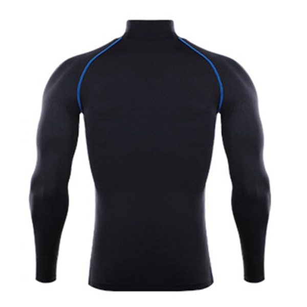 Hög Elastisk Kompressions T-shirt med Långa Ärmar för Män Sport Topp för Atletisk Träningströja Svart och Blå Linjer XL