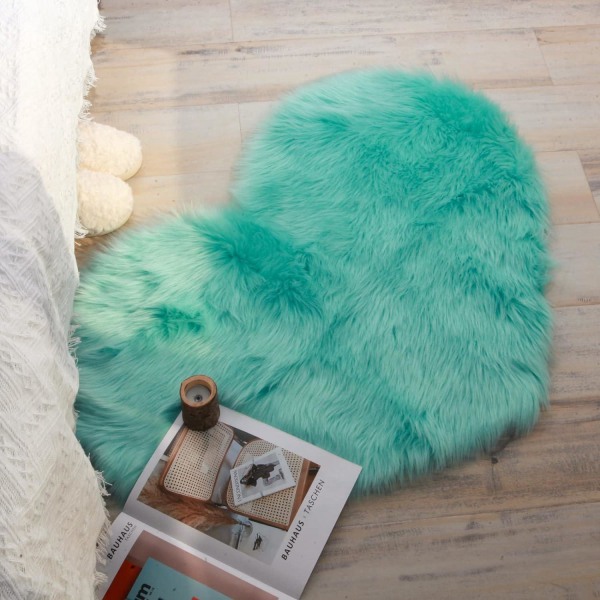 Blågrönt hjärtformad supermjukt fårskinnsmatta i fuskpäls, matta med shagområde, accentmatta för sovrum i vardagsrummet, 2x3ft plyschmatta