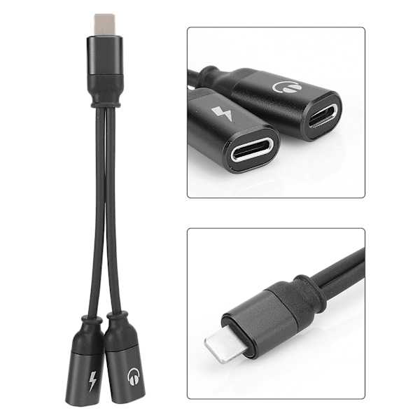2 i 1 Hörlursladdare Adapter Aluminiumlegering Plug and Play Kabel Dubbel Hål för IOS Svart