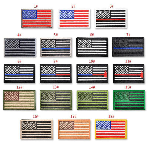 18 strygebroderede badges med amerikansk flagdesign til syning og dekoration af tøj, rygsække, jeans, hatte