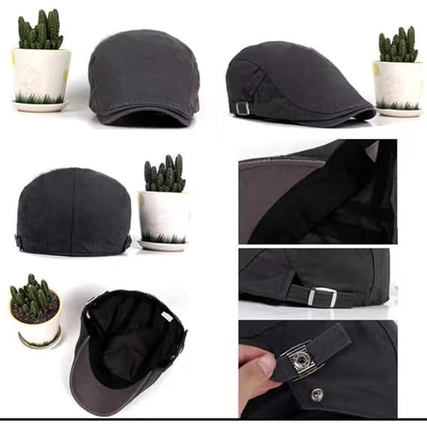 Flat caps for menn, vintage beret bomullshette for kvinner, Irish Peaky Newsboy-hatter, justerbar flat cap, svart