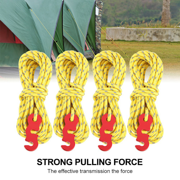4 st Set Reflextält Vindrep Camping String Guy Line med S Ring Spänne Krok (Gul)