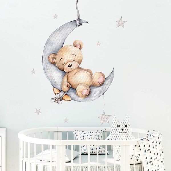 Bear Shape Wall Stickers On The Clouds Wall Stickers Moon Star Varmluftsballong Sweet Dream Wall Sticker For Baby Room Barnehage Barn Veggmaleri