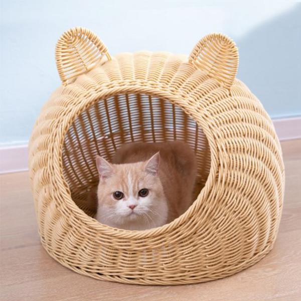Katteseng Sød Katteøre Imiteret Rattan Håndvævet Åndbar Alle Sæsoner Vaskbar Halvlukket Kattehuse til Indendørs 38x38cm / 15.0x15.0in Beige