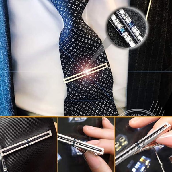 Skinnende mansjettknapper og slips i Galaxy Stone, mørkeblå Galaxy stripete mansjettknapper og slipsklemmesett for menn