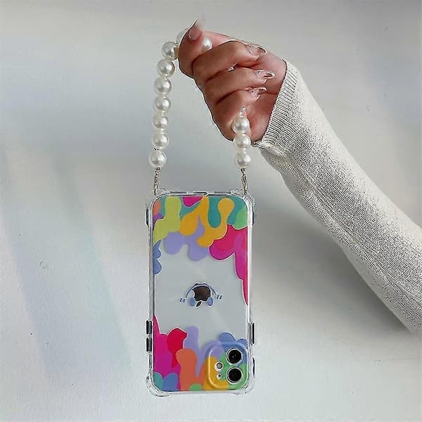 Rainbow Smiley Face Phone Case Compatible With iPhone 13 Pro Max/13 Pro/13/12 Pro Max/11 Pro Max With Chain Pearl Strap