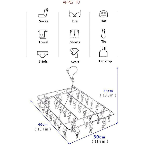 Sokkestativ i rustfrit stål med 36 vindtætte rustfrit stålclips til ophængning af sokker, undertøj, tøj, håndklæder og mere
