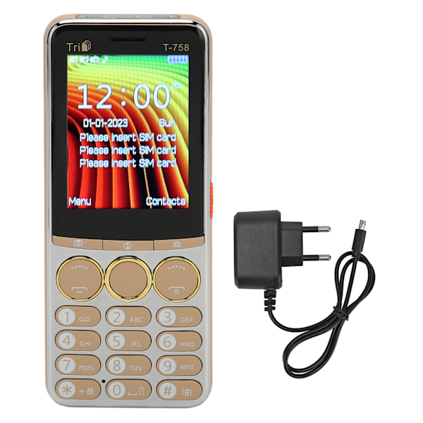 T 758 GSM Ulåst Mobiltelefon 2.8 Tommers Skjerm 3200mAh Batteri Stor Knapp Høy Volum Mobiltelefon for Seniorer 100‑240V Gull EU Plugg