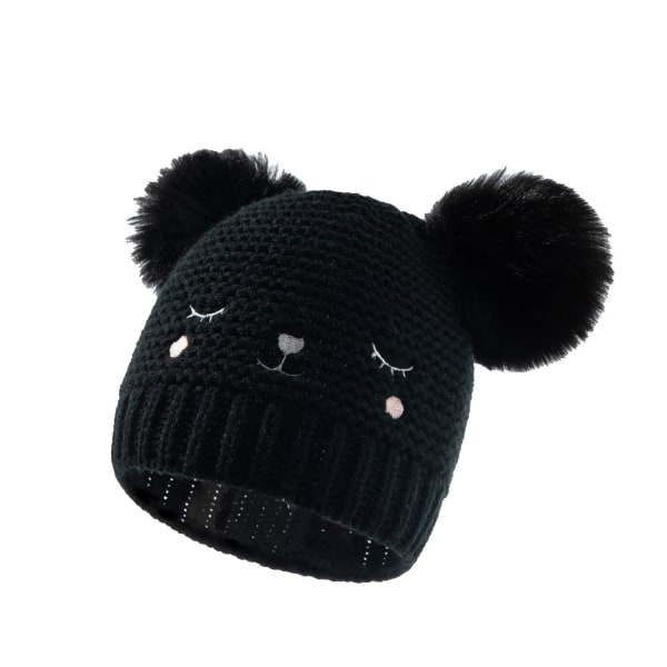 Lasten kirjailtu neulottu hattu Kiinteä kaksoispallovillainen hattu baby syksyyn ja talveen (musta)