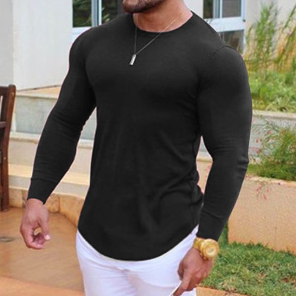 Mænds Stram T-shirt med Elastisk Top, Hurtigtørrende Bomuldsblanding, Langærmet, til Fitnessløb, Sort XL