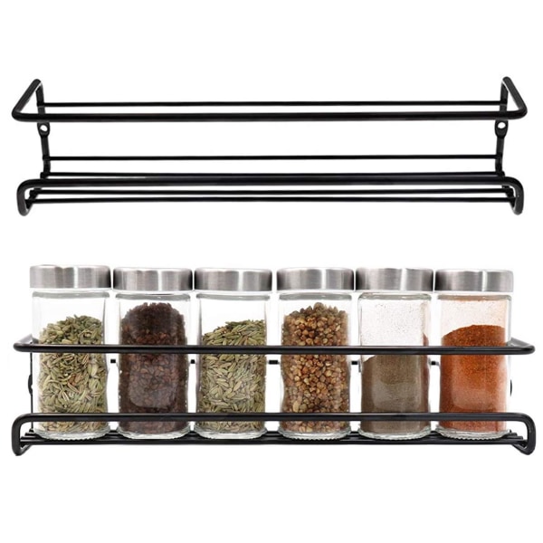 Sett med 2 veggmonterte krydderhyller (29×6,5cm, sort), egnet for kjøkkenskap, pantry, skapdører, solid hengende organiser.