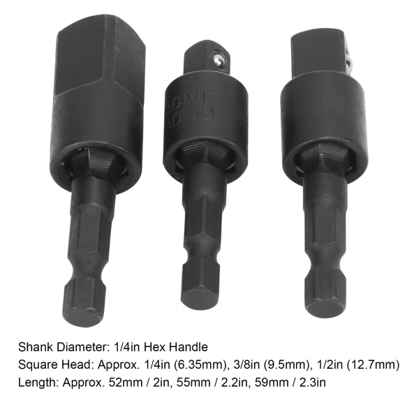 3 stk Power Drill Socket Sett Metall sekskantskaft Impact Driver Adapter 360 grader roterbar svart