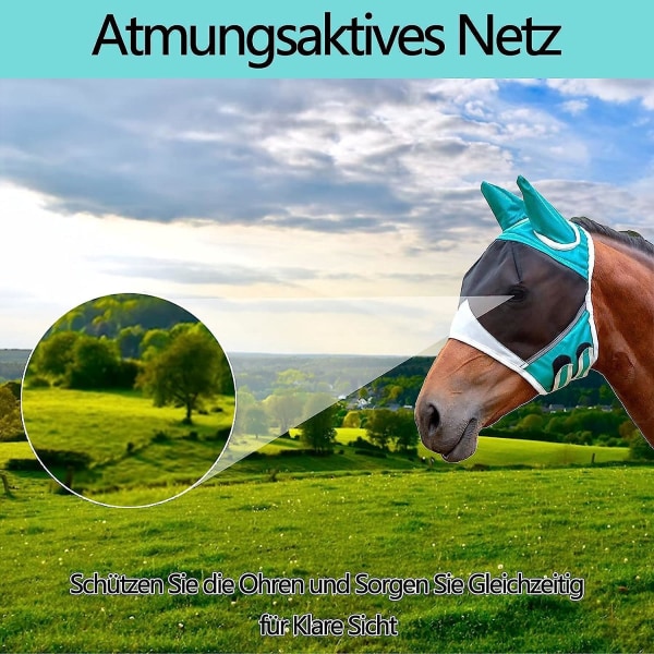 Stor storlek UV-skyddande hästflugmask med öron, andnings- och myggskydd