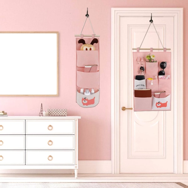 2 design av linveggoppbevaringspose (rosa) med små lommer for hjem og kontor