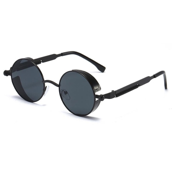 Runde vintage polariserte steampunk solbriller (svart innfatning og svart film) for menn og kvinner UV400 beskyttelse, personlig og allsidig