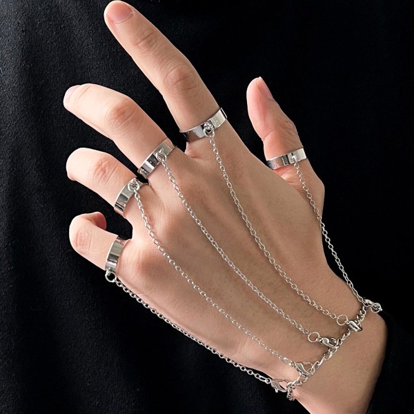 Punk Finger Link Armband, Silver, 8", Justerbar Öppen Strap Ring Chain Armband, Lapel Slave Armband, För Kvinnor Män