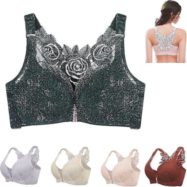 Floral Comfort Rose BH-set - Trådlös, framstängning, push-up, sömlös 34-75D Mörkgrön