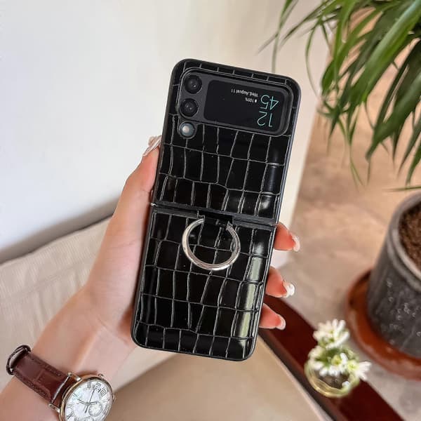 Crocodile Pattern Case Compatible With Samsung Galaxy Z Flip 4, Soft TPU Bumper Cover With Ring