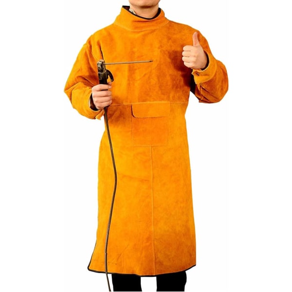 (XL-105cm) Unisex kuskinnsveiseforkle - gult med ermer og krage, beskyttelsesforkle for verkstedarbeid, gnist- og varmebestandig